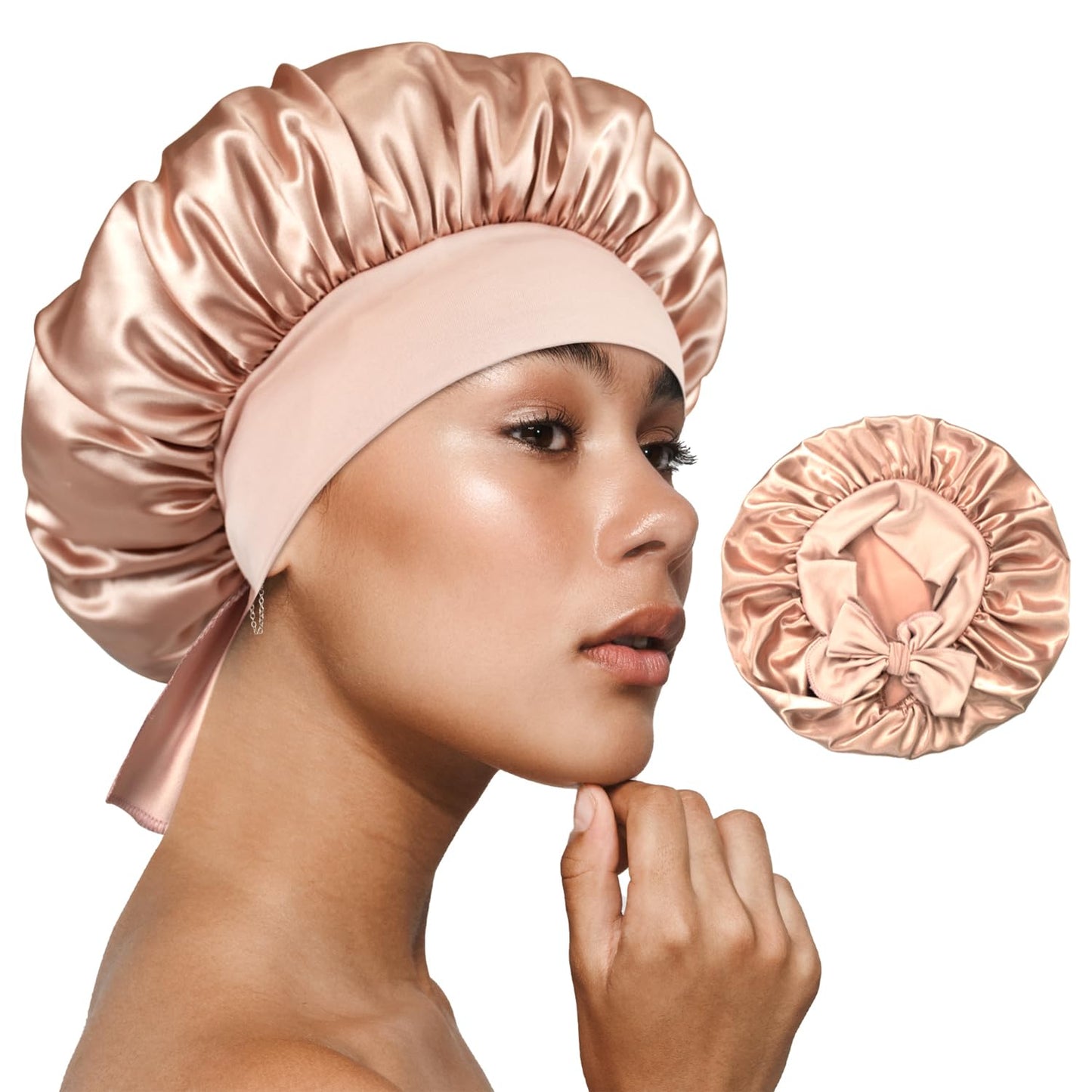 BONNET QUEEN Silk Bonnet for Sleeping Small Satin Bonnet Sleep Cap Hair Bonnet with Adjustable Tie Band Champagne