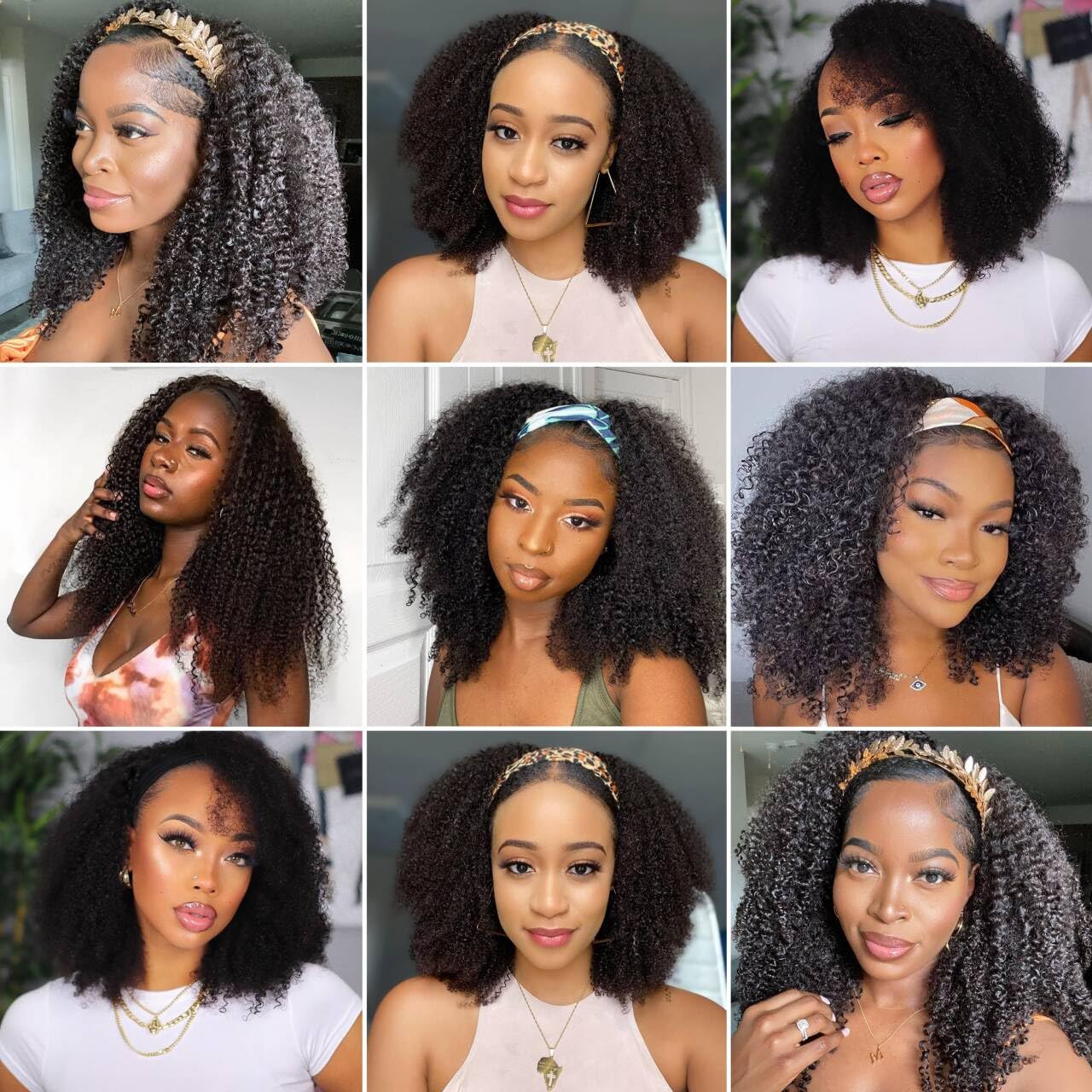 BLY Afro Curly Headband Wig Human Hair with Natural Scalp Top Middle Part Headband Wig for Women 180% Density 10A Grade Mongolian Afro Kinky Curly Hair Glueless Wig 16 Inch