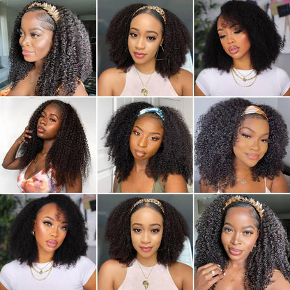 BLY Afro Curly Headband Wig Human Hair with Natural Scalp Top Middle Part Headband Wig for Women 180% Density 10A Grade Mongolian Afro Kinky Curly Hair Glueless Wig 16 Inch