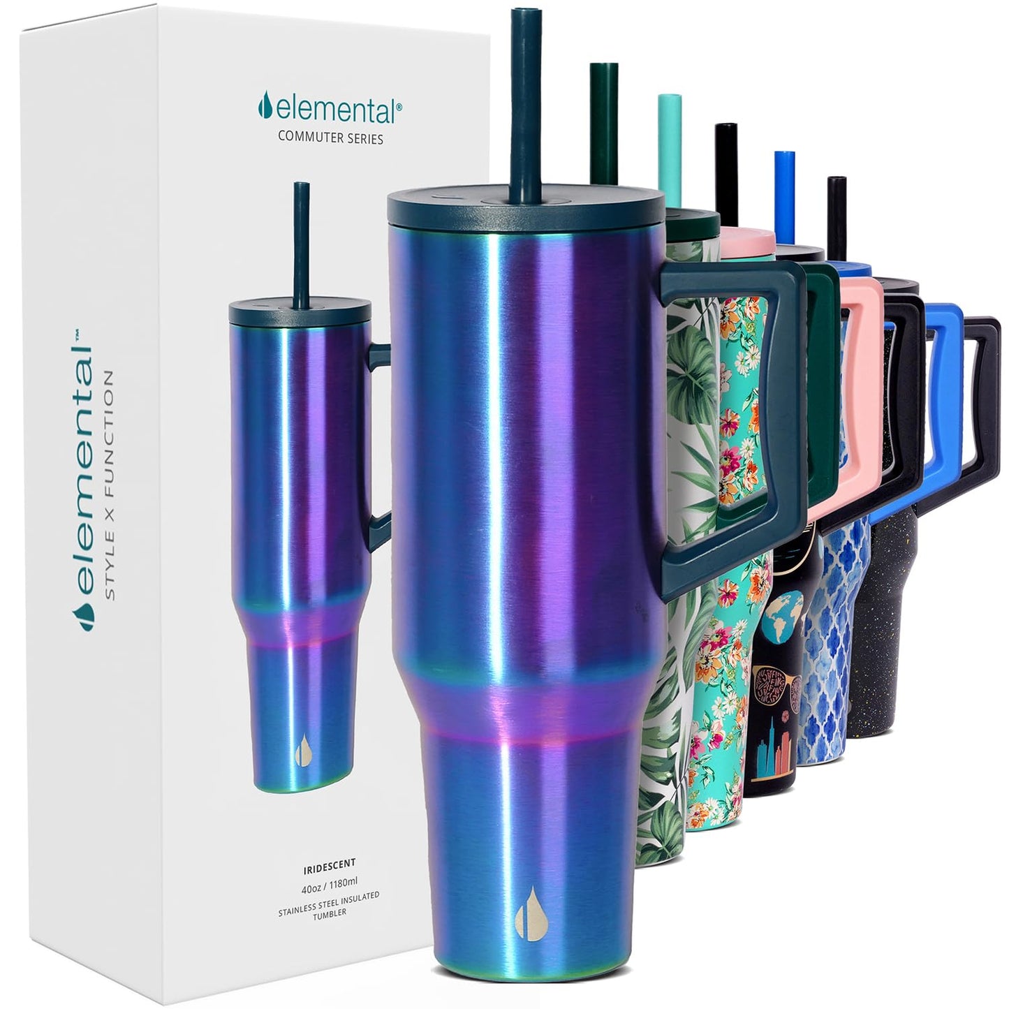 Elemental 40 oz Tumbler with Handle and Straw - Spill Proof Insulated Stainless Steel Commuter for Hot and Cold Beverages - Travel Coffee Mug with 2 Straws & Spill Proof Lid - 40oz - Iridescent