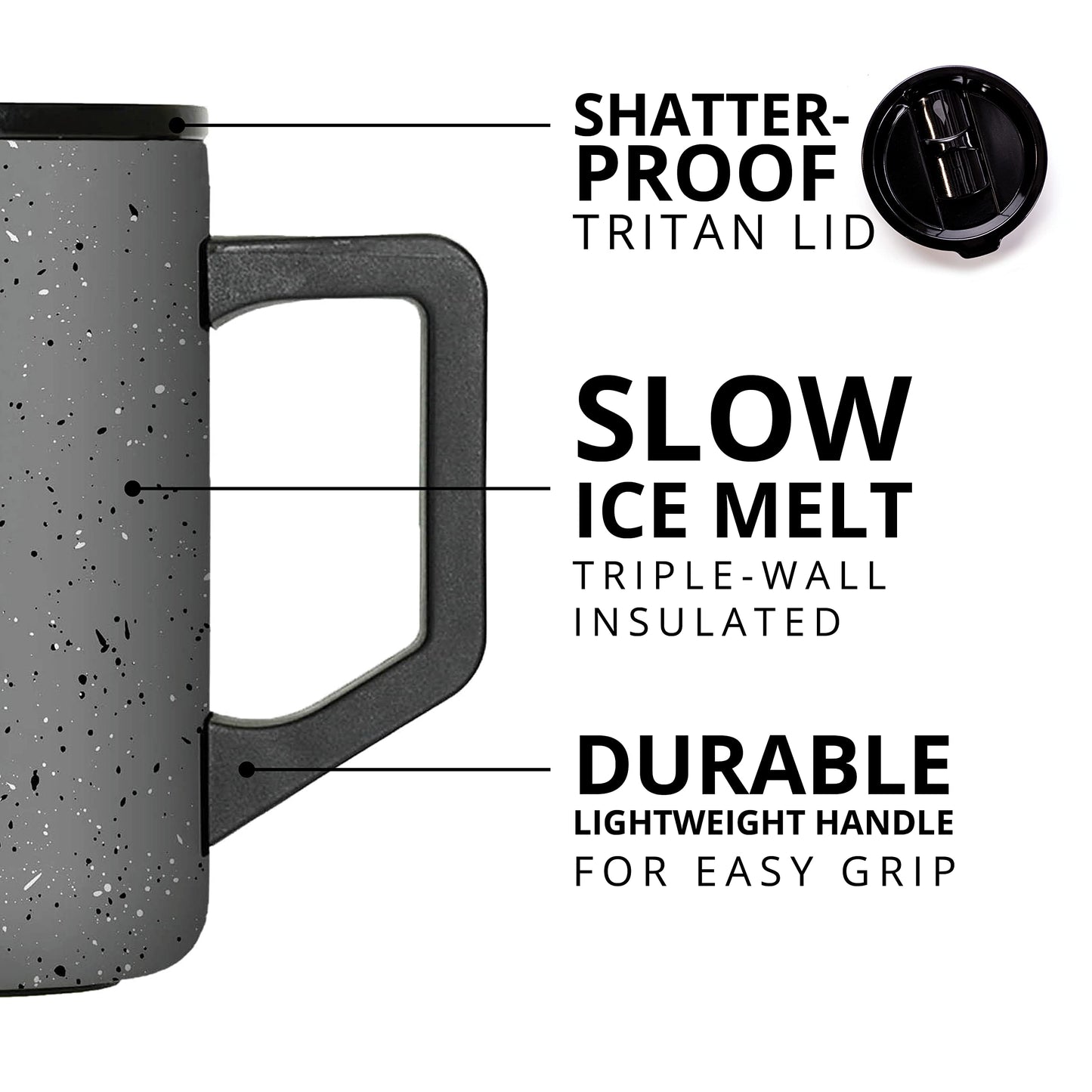 Elemental Insulated Coffee Mug - Triple-Wall Stainless Steel Summit Travel Cup for Hot and Cold Drinks - Thermal Coffee Mug with Lid and Handle for Camping, Office & Travel 16oz - Grey Speckle