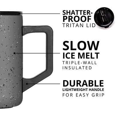 Elemental Insulated Coffee Mug - Triple-Wall Stainless Steel Summit Travel Cup for Hot and Cold Drinks - Thermal Coffee Mug with Lid and Handle for Camping, Office & Travel 16oz - Grey Speckle