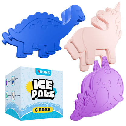 Kona Ice Pals Kids Ice Pack Lunch Box Size - Ice Packs for Lunch Boxes Kids, Lunch Box Ice Packs Reusable, Freezer Packs - Ice Pals Themed Shapes: Dinosaur, Unicorn, Narwhal - Multi-Colored - 6 Pack