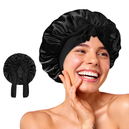 BONNET QUEEN Small Satin Bonnet Silk Bonnet for Sleeping Women Double Layer Reversible Hair Bonnet Adjustable Satin Lined Sleep Cap Wrap with Tie Band, Black