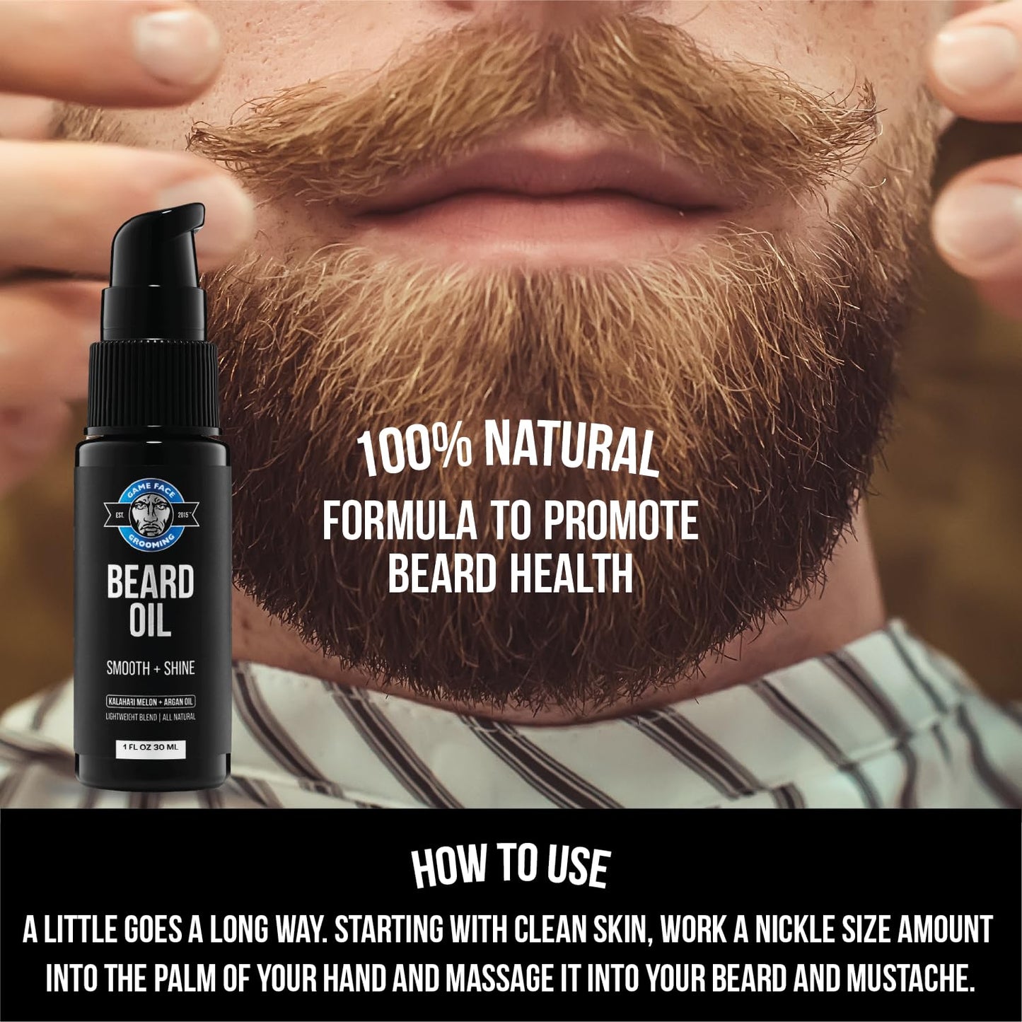 Game Face Natural Beard Oil - 1 fl oz Hydrating Men's Beard and Mustache Oil | Eucalyptus & Sea Salt, Confidence-Boosting | Lightweight Formula for Silky Smooth, Shining Beard Care