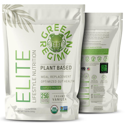 Green Regimen Elite Plant-Based Protein Powder - 25g Complete Hemp & Pea Protein, Meal Replacement High-Protein Vegan Shake, NonGMO, Gluten-Free, Dairy-Free, Low Carb - (Vanilla - 1 Month Supply)