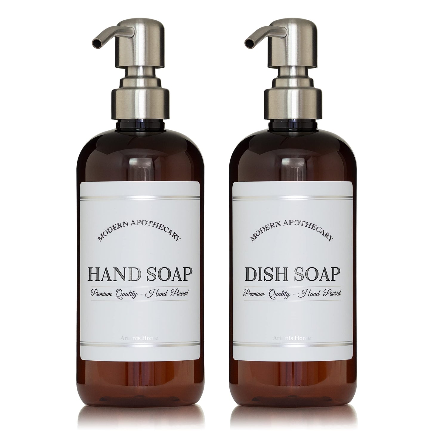 Amber Refillable Hand and Dish Soap Dispenser Set with Pumps for Kitchen Sink - PET Plastic Soap Bottles Refillable with Pump - Waterproof Labels - 16 oz, 2 Pack (Stainless Steel)