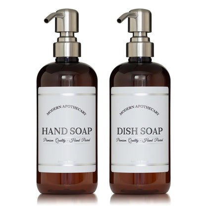 Amber Refillable Hand and Dish Soap Dispenser Set with Pumps for Kitchen Sink - PET Plastic Soap Bottles Refillable with Pump - Waterproof Labels - 16 oz, 2 Pack (Stainless Steel)