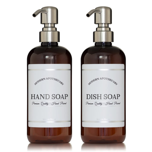 Amber Refillable Hand and Dish Soap Dispenser Set with Pumps for Kitchen Sink - PET Plastic Soap Bottles Refillable with Pump - Waterproof Labels - 16 oz, 2 Pack (Stainless Steel)