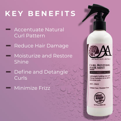 African Afro Curl Reviving Hair Mist Spray, Anti Frizz Curl Refresher Spray, Lightweight Moisturizing Hair Spray for Curls, Coils, Kinks, and Waves, No Sulfate and Paraben, Cruelty-Free, 12 Fl Oz