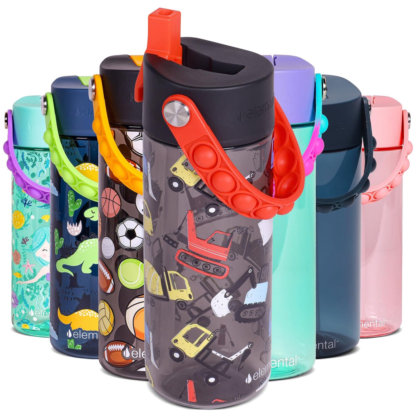 Elemental Leak Proof Water Bottles for Kids - Splash Kids Water Bottle for School with Pop-it Handle - BPA Free Tritan Plastic Reusable Water Bottle with Straw - Construction - 18oz