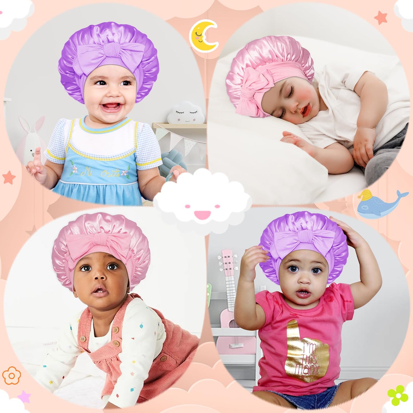 BONNET QUEEN Baby Bonnet Kids Bonnet Double Layer Silk Bonnet for Sleeping Satin Bonnet Adjustable Silk Hair Wrap with Tie Band 2Pcs 6-12 Months Pink+Purple