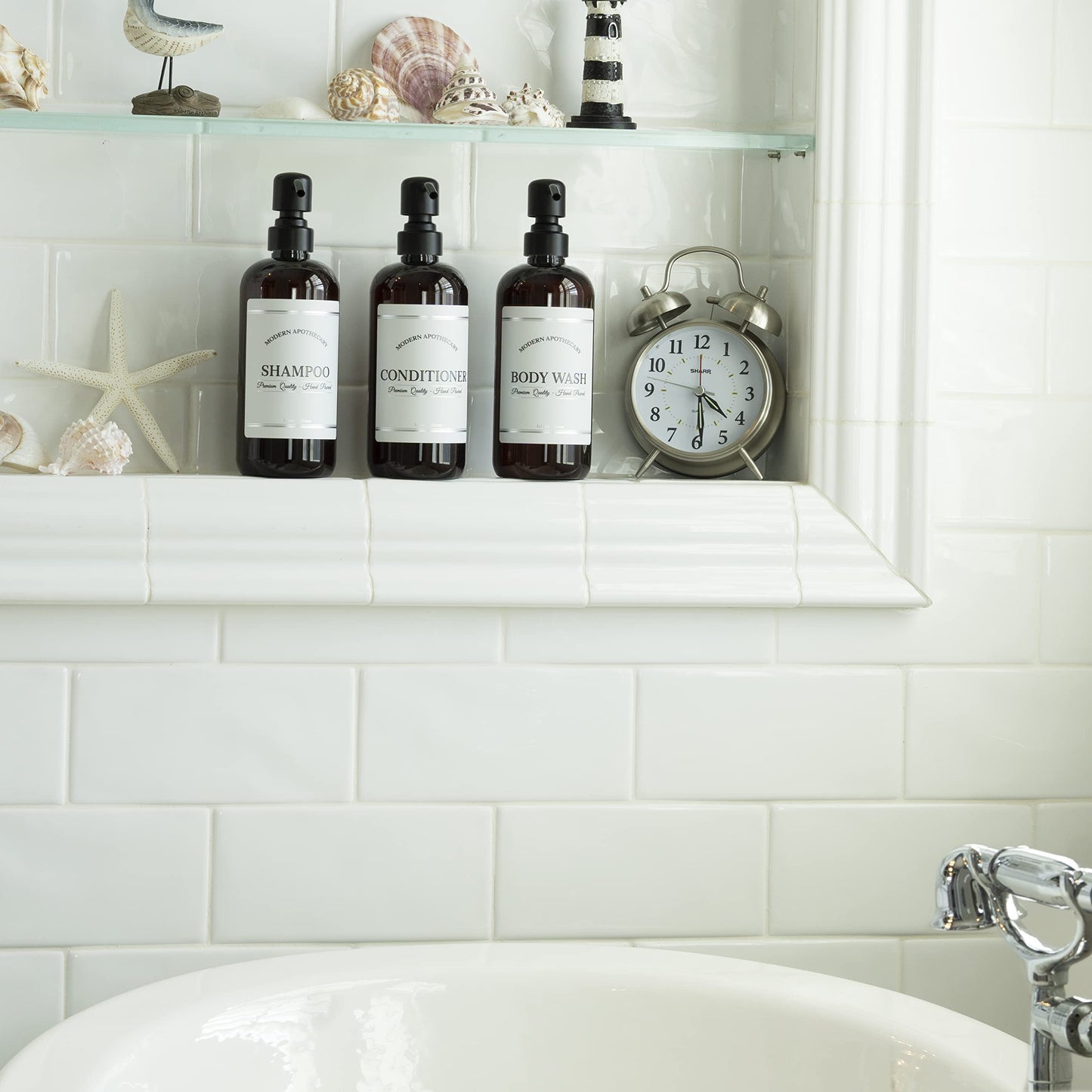 Amber Refillable Shampoo and Conditioner Bottles - Body Wash, Shampoo and Conditioner Dispenser - PET Plastic Shampoo Bottles Refillable with Pump - Waterproof Labels - 16 oz, 3 Pack (Black Satin)