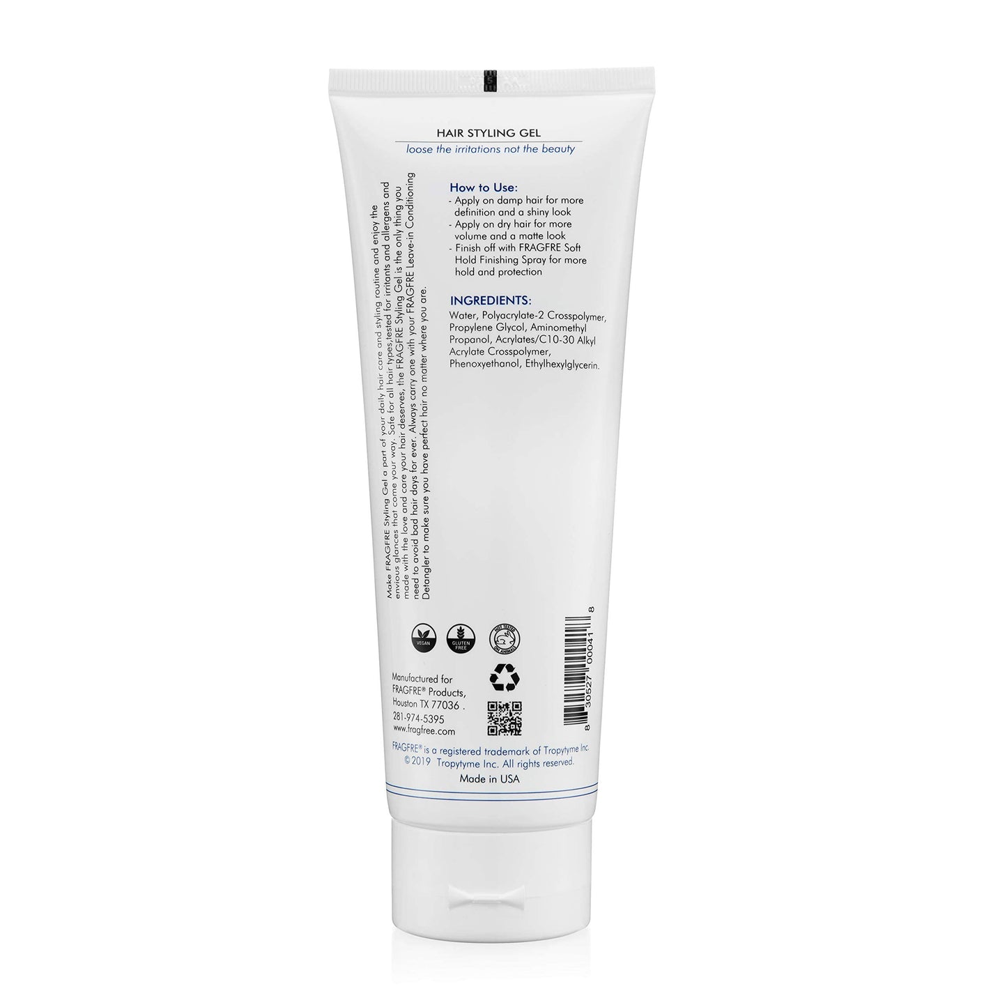 FRAGFRE Styling Gel Fragrance Free 8 oz Medium Hold - Hair Styling Gel for Sensitive Skin - Hypoallergenic Parabens Free - Gluten Free Vegan Cruelty Free - for Men Women and Children