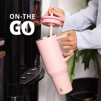 Elemental 40 oz Tumbler with Handle and Straw - Spill Proof Insulated Stainless Steel Commuter for Hot and Cold Beverages - Travel Coffee Mug with 2 Straws & Spill Proof Lid - 40oz - Rose