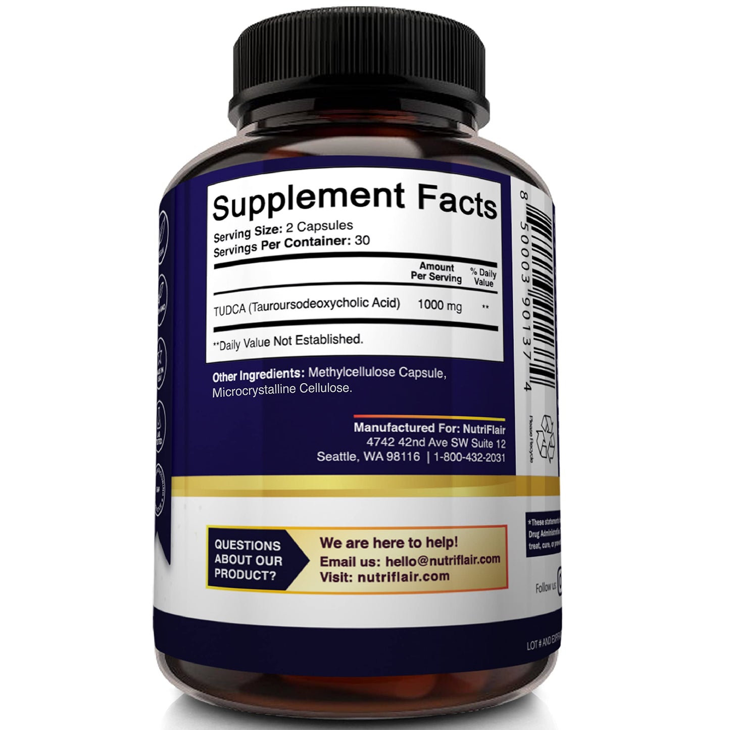 NutriFlair Pure TUDCA 1000mg - Premium Tauroursodeoxycholic Acid Bile Salts, Detox & Cleanse, Non-GMO, Gluten-Free. Liver, Kidney & Gallbladder Support- Made in USA, 60 Capsules