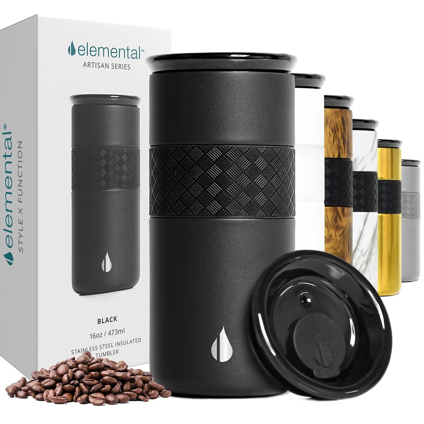 Elemental Artisan Insulated Tumbler, Triple Wall Coffee Travel Mug, Reusable Stainless Steel Coffee Tumbler with Ceramic Lid, Thermal Coffee Cups for Hot (6 Hrs) & Cold (18 Hrs), 16oz - Matte Black