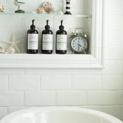 Amber Refillable Shampoo and Conditioner Bottles - Body Wash, Shampoo and Conditioner Dispenser - PET Plastic Shampoo Bottles Refillable with Pump - Waterproof Labels - 16 oz, 3 Pack (Black Plastic)