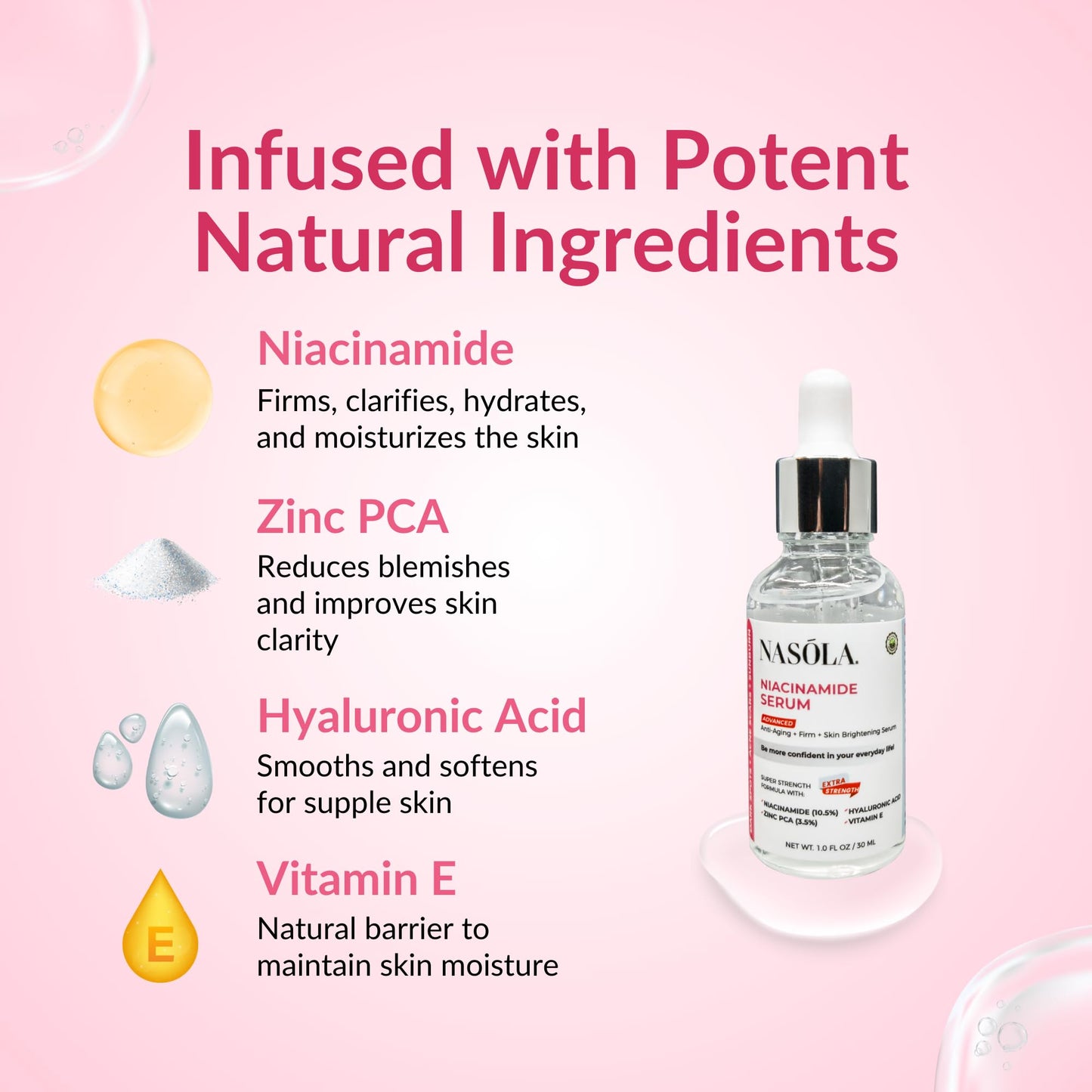 Nasola Niacinamide Serum w/Zinc PCA Vitamin E for Complexion Revitalization, Hydrating, Pore Minimizer & Hyaluronic Acid for Anti Aging