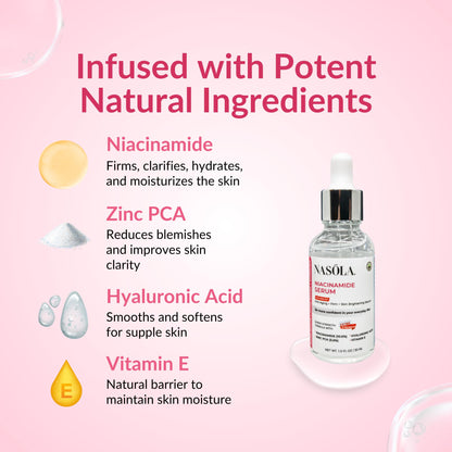 Nasola Niacinamide Serum w/Zinc PCA Vitamin E for Complexion Revitalization, Hydrating, Pore Minimizer & Hyaluronic Acid for Anti Aging