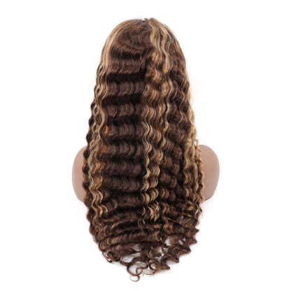 BLY Highlight Human Hair Lace Front Wigs Deep Wave #4/27 Ombre Colored Glueless Wigs Pre Plucked 20 Inch 4x4 Transparent Curly Water Wave Lace Wig Honey Blonde Real Human Hair 180% Density