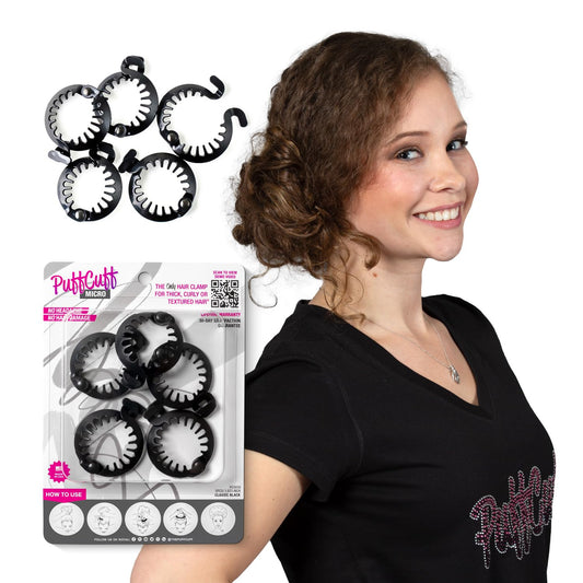 PuffCuff Micro 1.5" Hair Clamps, For All Natural, Thick, Curly, Kinky, Textured, Locs or Braided Hair | Painless, Damage-Free Styling Tool, Black, 5 Pieces