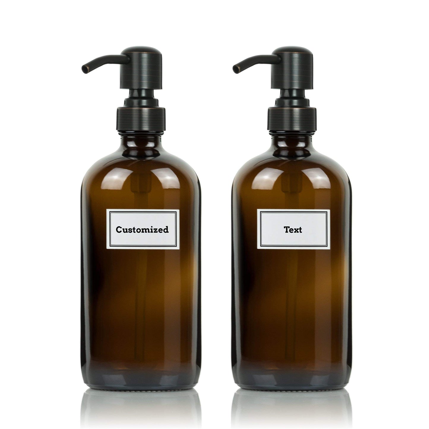 Artanis Home Glass Bottles With Oil Rubbed Bronze Pumps and Customized Waterproof Labels, 16 oz Boston Round, Amber