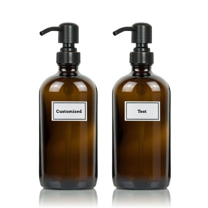 Artanis Home Glass Bottles With Oil Rubbed Bronze Pumps and Customized Waterproof Labels, 16 oz Boston Round, Amber