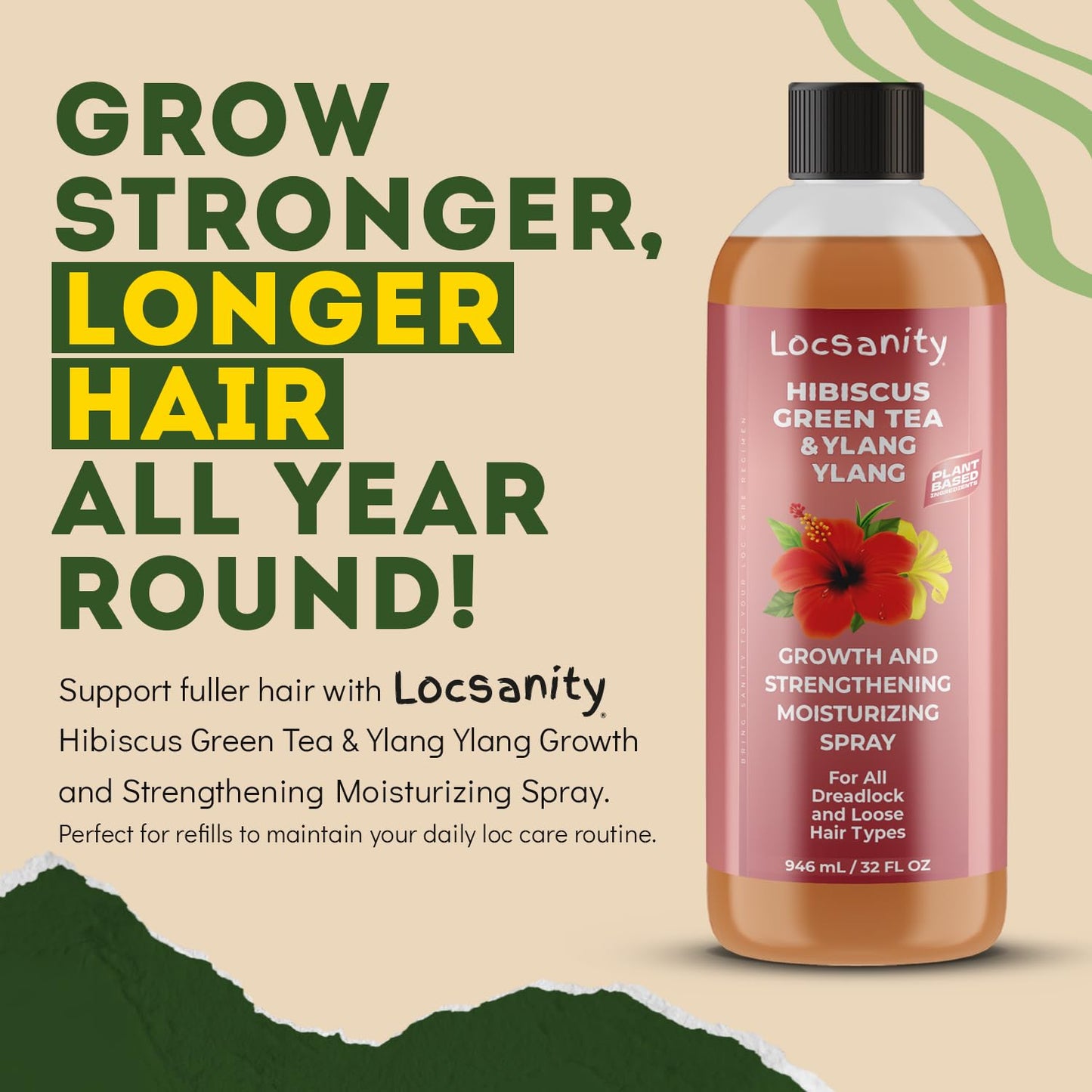 Locsanity Hibiscus Green Tea Hair Growth Spray for Dreadlocks and Loose Hairstyles Hair Care Treatment – Jumbo Size Loc Moisturizer for Thicker, Fuller, Longer Hair (32oz)