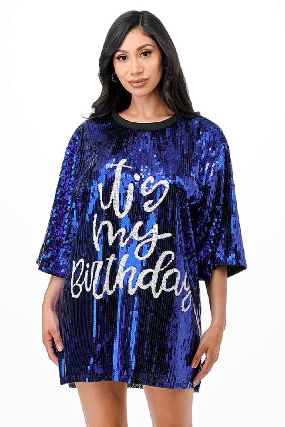 2Chique Boutique Women's Blue It's My Birthday Sequin T Shirt Dress One Size Regular