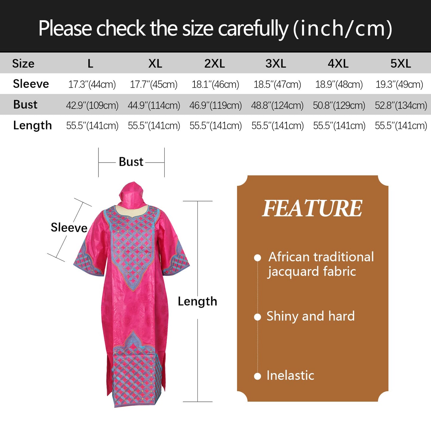 TIDOIRSA African Dresses for Women, 3/4 Sleeves Embroidery Dress With Scarf (4XL, Pink)