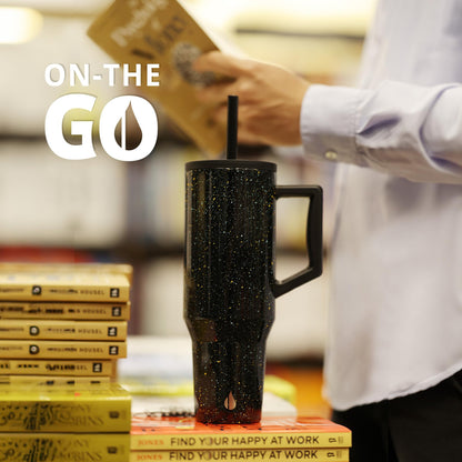 Elemental 40 oz Tumbler with Handle and Straw - Spill Proof Insulated Stainless Steel Commuter for Hot and Cold Beverages - Travel Coffee Mug with 2 Straws & Spill Proof Lid - 40oz - Black Speckle