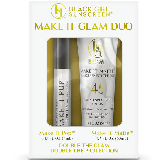 BLACK GIRL SUNSCREEN – Face & Lip Sunscreen Make It Glam Duo – 1 SPF 45 Make it Matte Clear Sunscreen for Face & 1 Make it Pop SPF 50 Sungloss for Protected Poppin' Lips