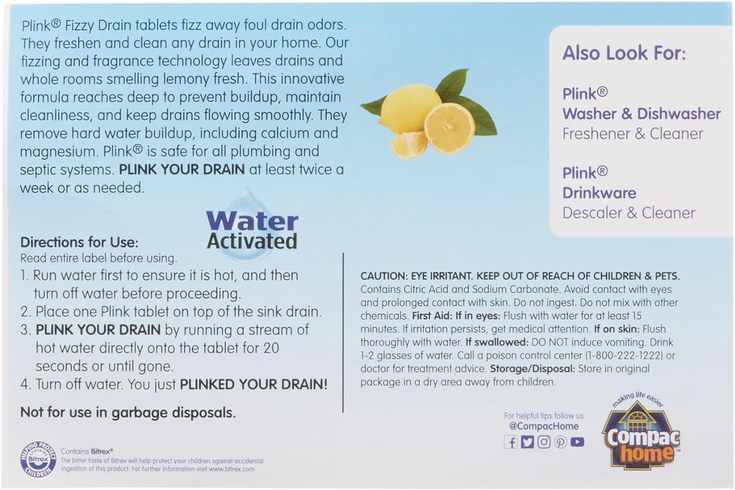 Compac Home Plink Fizzy Sink Drain Cleaner and Deodorizer, Air Fresheners for Kitchen Sink, Home Accessory Cleaning Products for Kitchen, Drain Cleaner, Lemon, 6 Count (Pack of 4), 24 Tablets