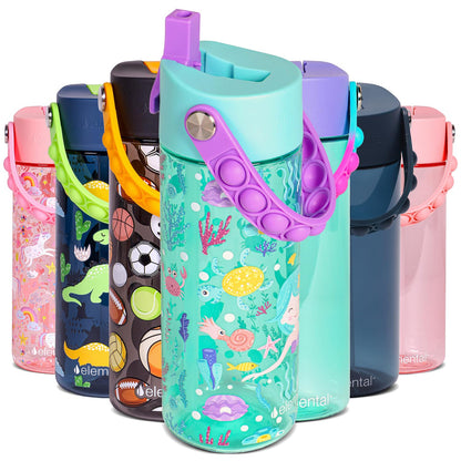 Elemental Leak Proof Water Bottles for Kids - Splash Kids Water Bottle for School with Pop-it Handle - BPA Free Tritan Plastic Reusable Water Bottle with Straw - Mermaid - 18oz