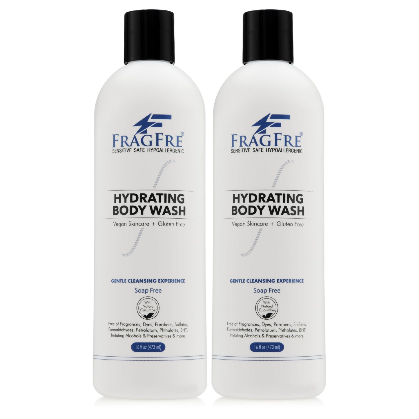FRAGFRE Sensitive Body Wash 16 oz (2-Pack Gift Set) - Paraben Free Sulfate Free Body Cleanser - Hypoallergenic for Delicate and Flaky Skins - No Added Fragrance - Cucumber for Hydration - Vegan GF/CF