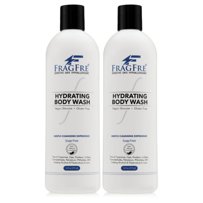 FRAGFRE Sensitive Body Wash 16 oz (2-Pack Gift Set) - Paraben Free Sulfate Free Body Cleanser - Hypoallergenic for Delicate and Flaky Skins - No Added Fragrance - Cucumber for Hydration - Vegan GF/CF