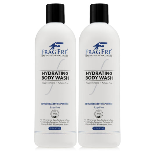 FRAGFRE Sensitive Body Wash 16 oz (2-Pack Gift Set) - Paraben Free Sulfate Free Body Cleanser - Hypoallergenic for Delicate and Flaky Skins - No Added Fragrance - Cucumber for Hydration - Vegan GF/CF