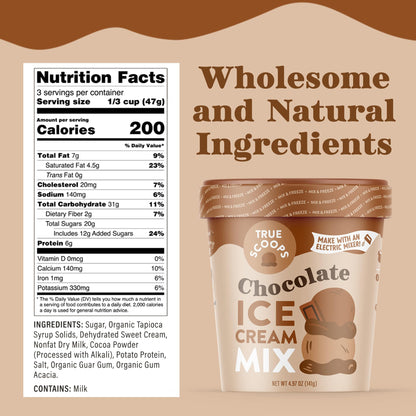 True Scoops 3-Pack Variety Ice Cream Mix - Vanilla Bean, Chocolate, Strawberry. Add One Ingredient - Half & Half! Makes 1 Pint of Ice Cream With an Electric Mixer. Gluten-Free, Peanut-Free, Kosher.