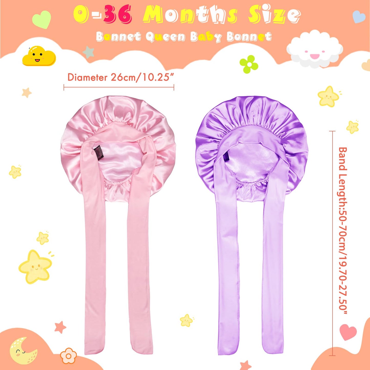 BONNET QUEEN Baby Bonnet Kids Bonnet Double Layer Silk Bonnet for Sleeping Satin Bonnet Adjustable Silk Hair Wrap with Tie Band 2Pcs 6-12 Months Pink+Purple