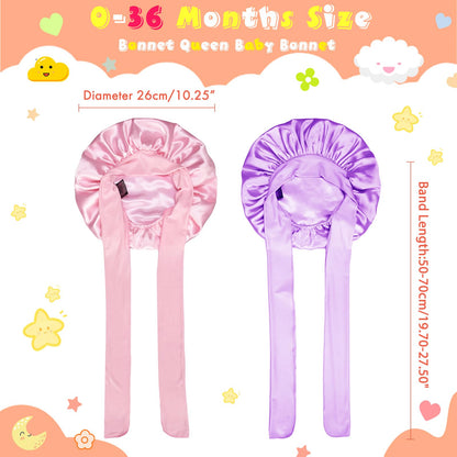 BONNET QUEEN Baby Bonnet Kids Bonnet Double Layer Silk Bonnet for Sleeping Satin Bonnet Adjustable Silk Hair Wrap with Tie Band 2Pcs 6-12 Months Pink+Purple