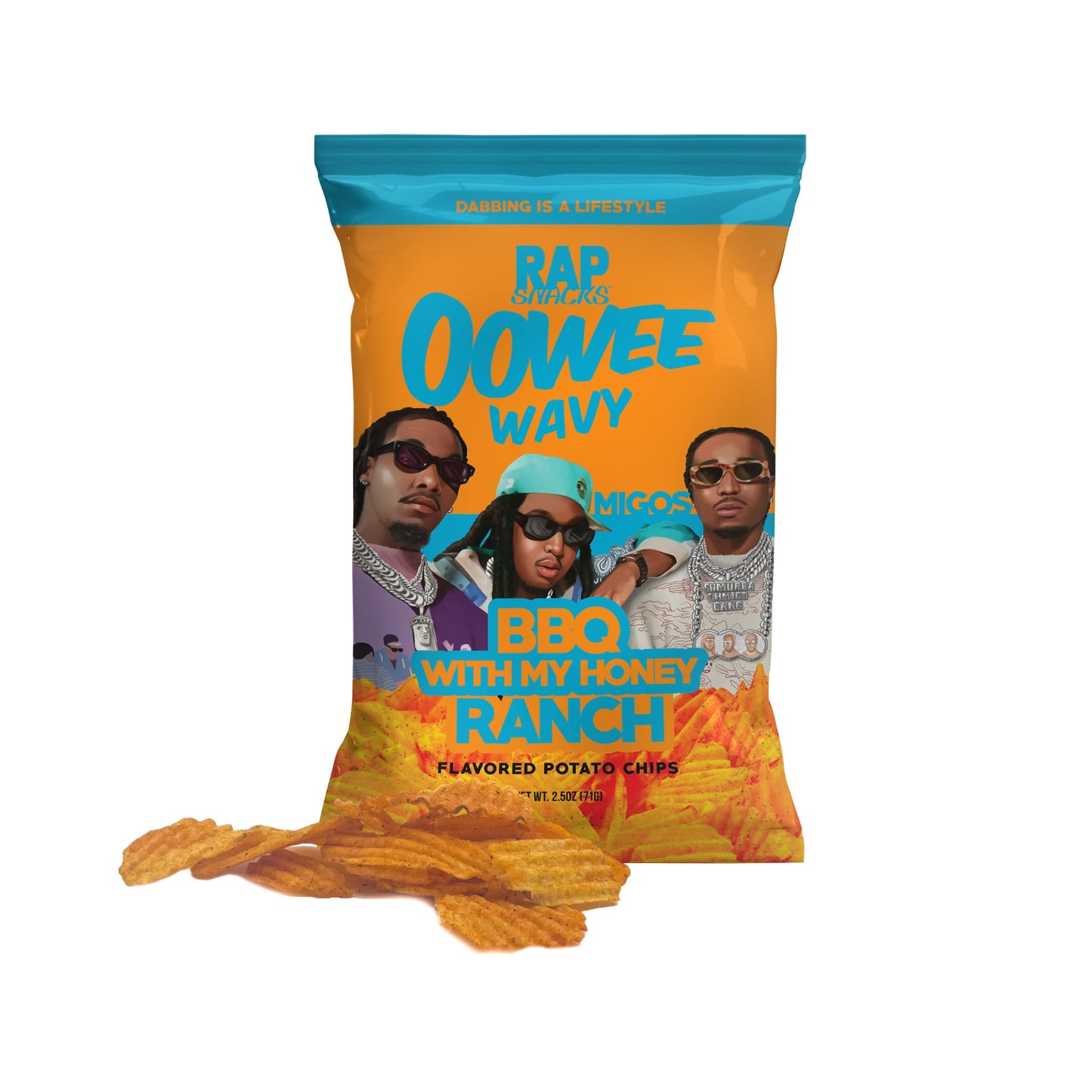 Rap Snacks Migos Bar-B-Quin with My Honey with a Dab of Ranch Wavy Potato Chips 2.5 Oz Bags - Pack of 12