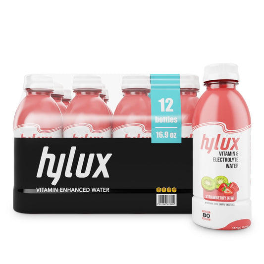 Hylux Strawberry Kiwi Bottle Water Case of 12 - Electrolyte Drinks with Crisp, Refreshing Taste - Fast Hydration Drink - Lightly Sweetened Antioxidant Drink with Fewer Calories Per Bottle