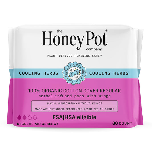 The Honey Pot Company - 80ct - Herbal Pads for Women - Regular Flow w/Wings - Infused w/Essential Oils for Cooling Effect & Organic Cotton Cover - Sanitary Pads for Women - Feminine Care - FSA & HSA