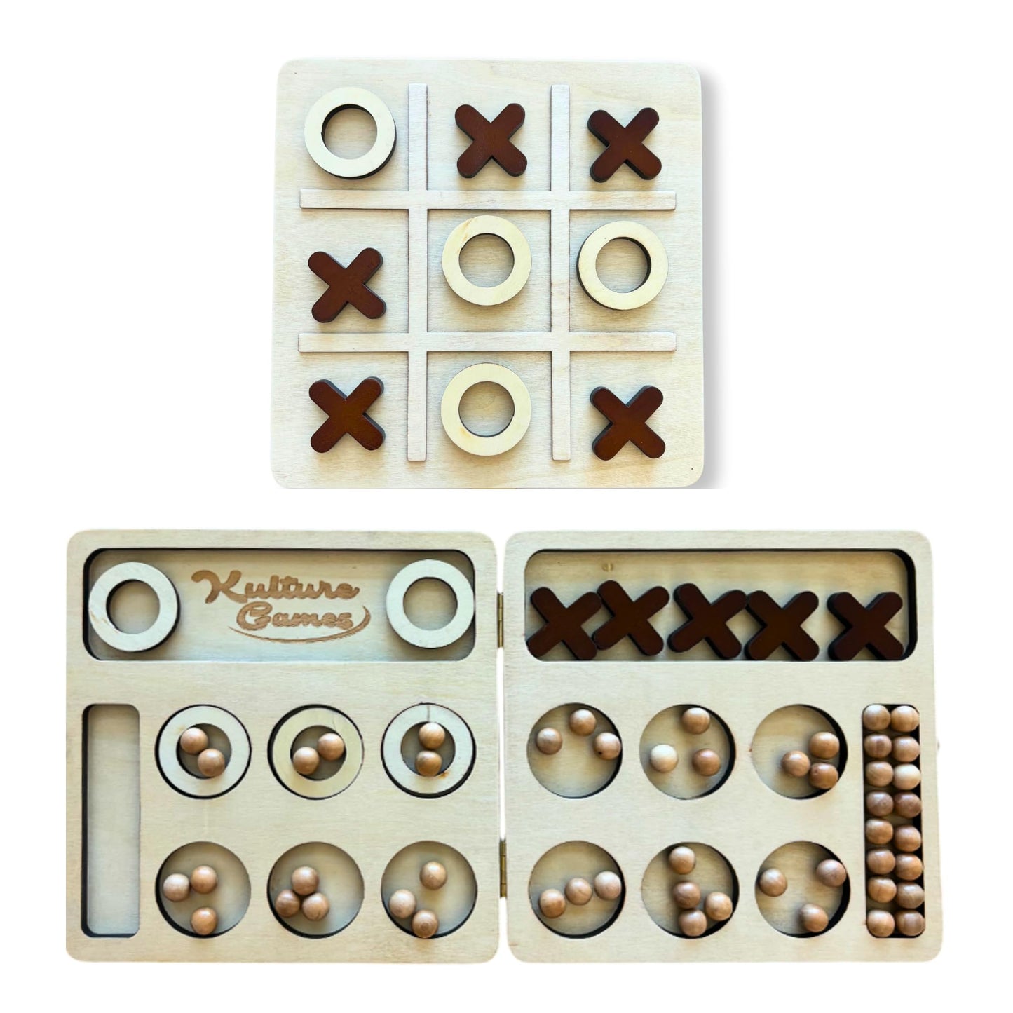 Kulture Games 2-in-1 Mancala Tic Tac Toe Board Game Set – Wooden Folding Mancala Game for All Ages – Portable, Aesthetic Design – Strategic Family Game Set for Travel, Kids, and Adults