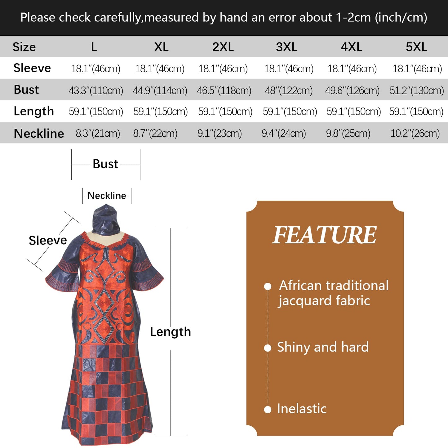 TIDOIRSA African Dresses for Women,Bazin Riche 3/4 Sleeves Inelastic Maxi Dress with Scarf (L, Blue)