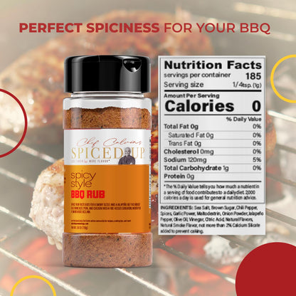 Spiced Up by Chef Calvin Spicy Style BBQ Rub 6.5 oz/185 g - Premium Dry BBQ Seasoning for Grilling & Smoking Ribs, Chicken, Pork & More - Smoky Hickory and Spicy Jalapeño BBQ Spices