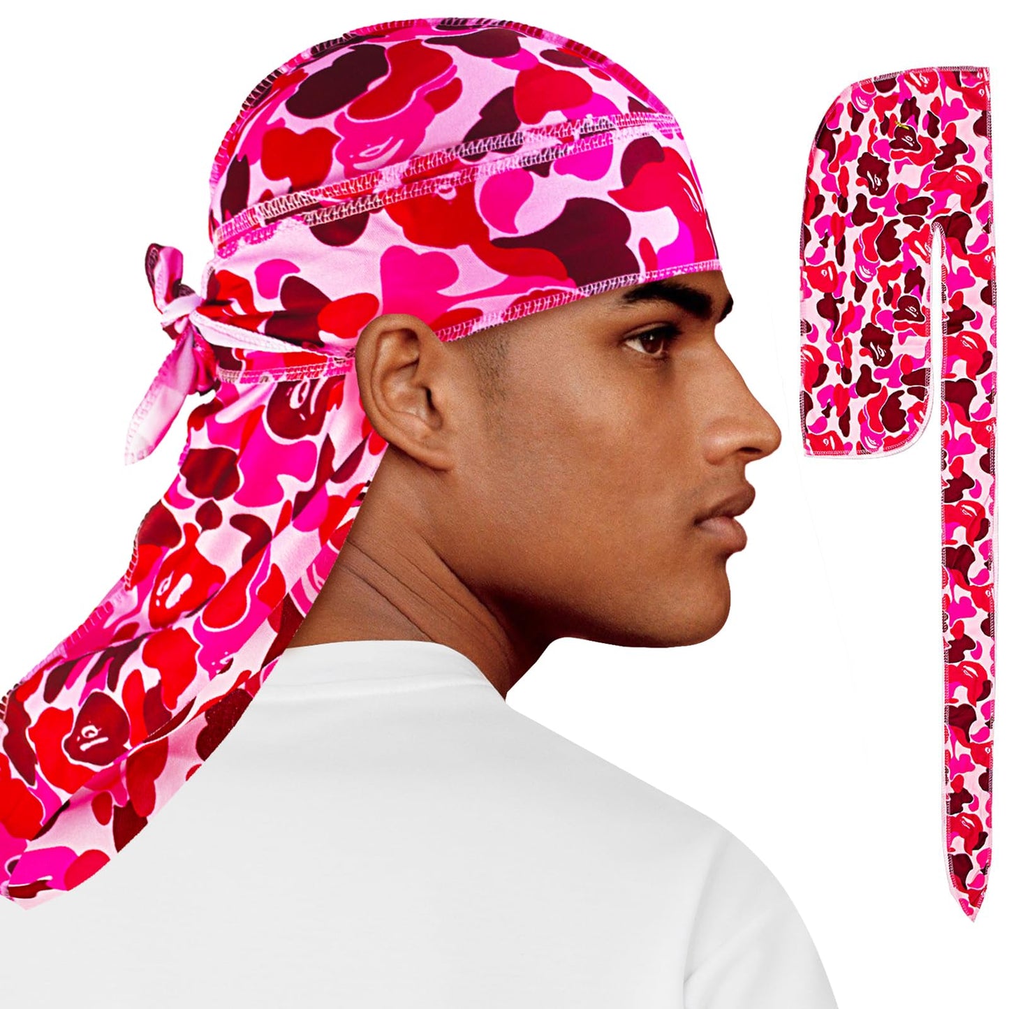 Durag for Men Fashion Do Rag with Long Tail Durag Breathable Bandana Hat Dreadlocks Holder Hoodie Durage Wave Cap Pink Camouflage