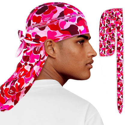 Durag for Men Fashion Do Rag with Long Tail Durag Breathable Bandana Hat Dreadlocks Holder Hoodie Durage Wave Cap Pink Camouflage