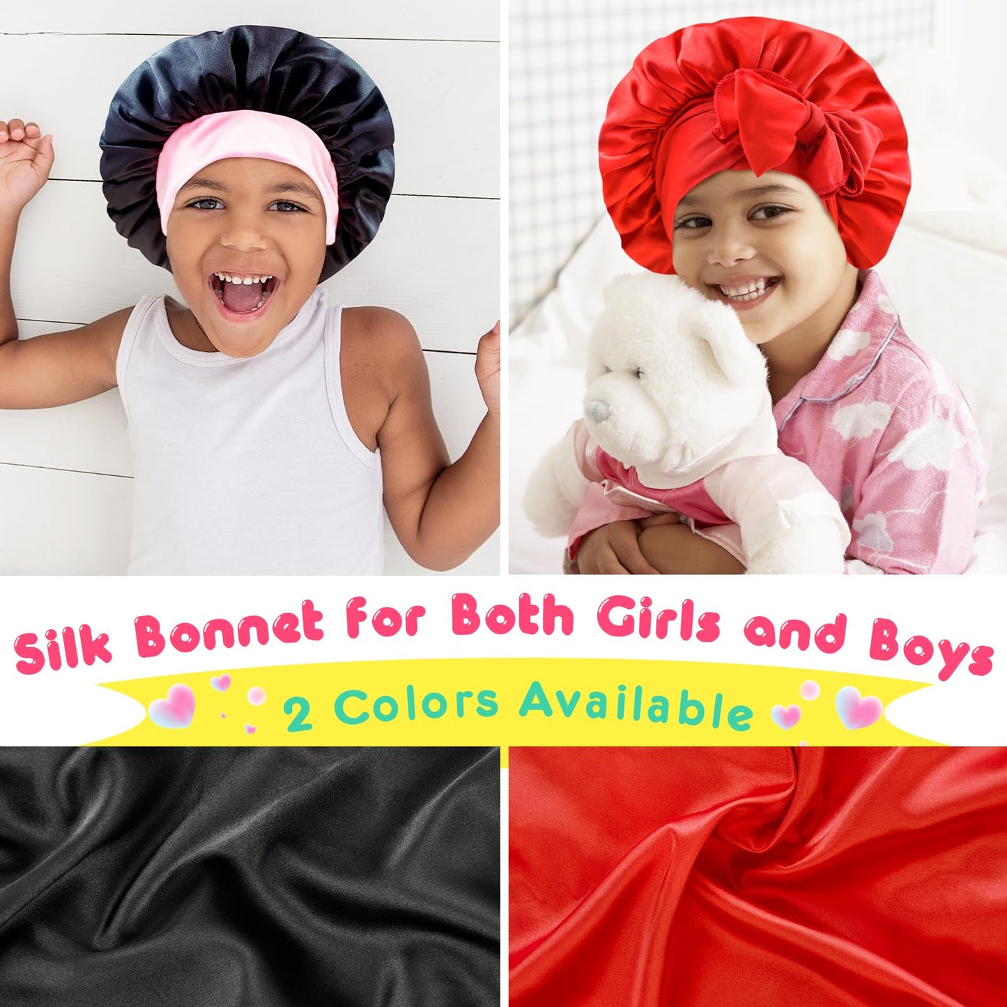 BONNET QUEEN Baby Bonnet Kids Bonnet Infant Satin Silk Hair Bonnets with Tie Band Bow for Girls 4~12 Years 2Pcs Black+Red